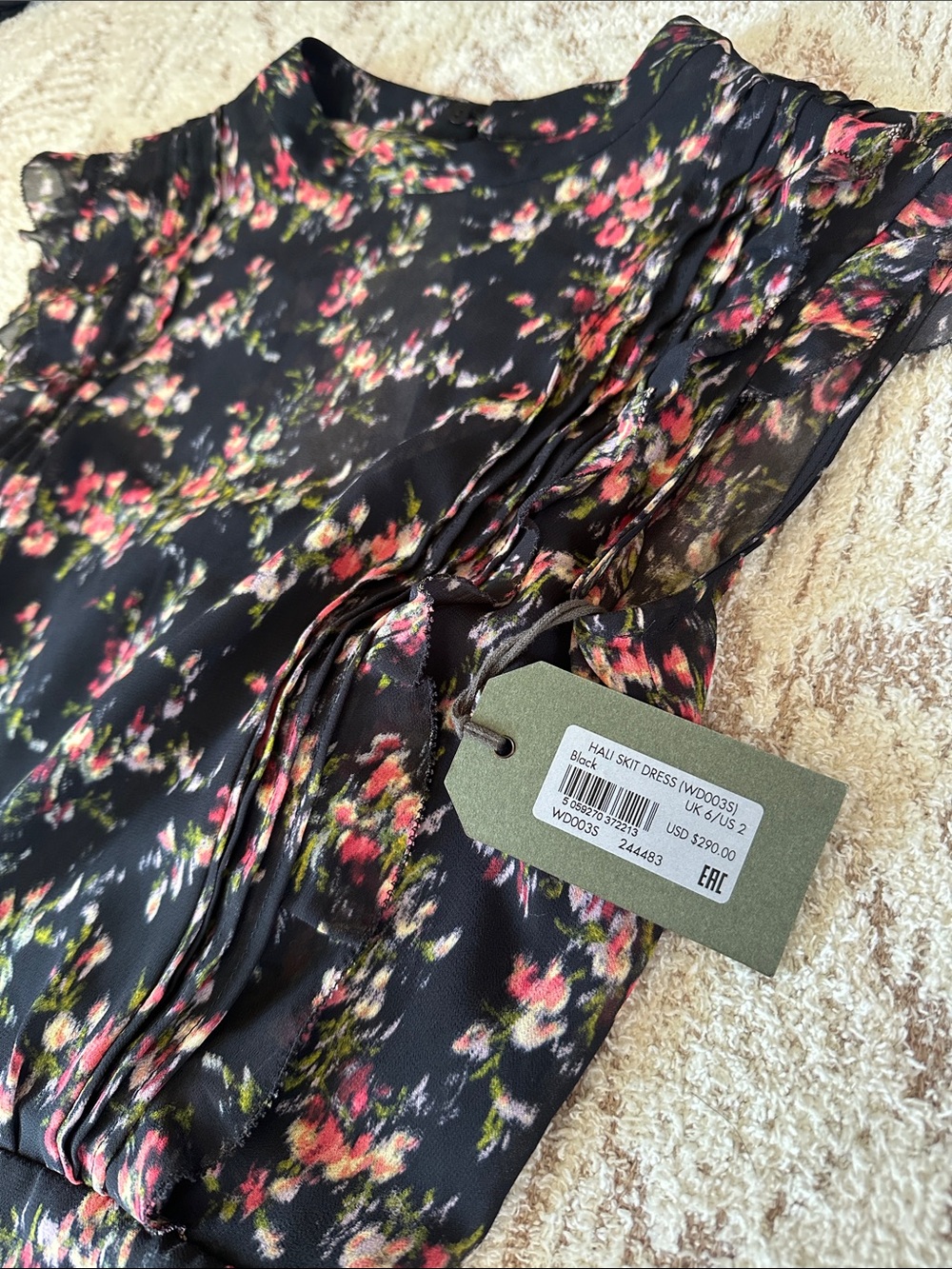 AllSaints NWT Draped Floral Mini Dress Black Silk Blend - Picture 7 of 16